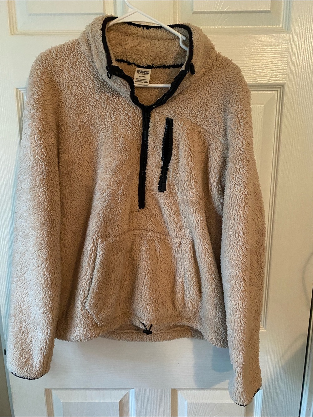 Pink Cozy Beige Sherpa Pullover with Black Trim